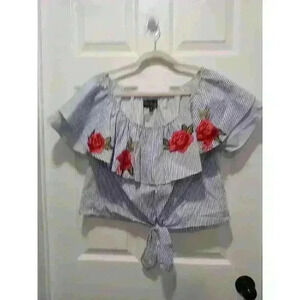 World Together Roses Crop Top MEDIUM Blue White Striped Embroidered Roses Ruffle